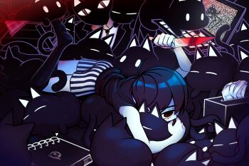 2boys antenna_hair arm_up black_eyes black_hair black_tank_top butler_(omori) cat colored_skin computer furry furry_male highres holding holding_knife knife laptop laser-lance lying male_focus mewo multiple_boys omori on_stomach short_hair shorts sketchbook spider_cat_(omori) striped_clothes striped_shorts tank_top tissue_box vertical-striped_clothes vertical-striped_shorts white_shorts white_skin