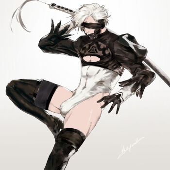 1boy 2b_(nier:automata) 2b_(nier:automata)_(cosplay) abs artist_name blue_eyes boots bulge commentary commentary_request company_connection cosplay covered_abs crossdressing crossdressing_(mtf) cyborg eyepatch high_heel_boots high_heels highres holding holding_sword holding_weapon ikuyoan juliet_sleeves katana leotard long_sleeves male_focus metal_gear_(series) metal_gear_rising:_revengeance nier:automata nier_(series) pectoral_cleavage pectorals platinumgames puffy_sleeves raiden_(metal_gear) signature solo_focus sword thighs virtuous_contract weapon white_background white_hair white_leotard