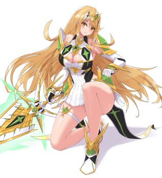 aegis_sword_(xenoblade) angoha breasts chest_jewel cleavage_cutout clothing_cutout core_crystal_(xenoblade) dress earrings floating_earrings gem headpiece highres large_breasts microdress mythra_(xenoblade) swept_bangs tiara xenoblade_chronicles_(series) xenoblade_chronicles_2 yellow_eyes