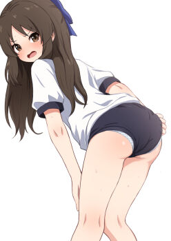 1girl adjusting_buruma adjusting_clothes ass black_buruma blue_bow bow brown_eyes brown_hair buruma comiching commentary_request dot_nose feet_out_of_frame gym_shirt gym_uniform hair_bow hand_on_own_knee highres idolmaster idolmaster_cinderella_girls leaning_forward long_hair looking_at_viewer looking_back open_mouth panties panties_under_buruma panty_peek parted_bangs picot_trim_panties shirt short_sleeves simple_background solo standing sweat tachibana_arisu tearing_up turning_head underwear v-shaped_eyebrows wavy_mouth white_background white_panties white_shirt