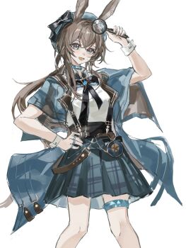 1girl :d absurdres amiya_(arknights) animal_ears arknights arm_up beret black_bow black_bowtie black_ribbon black_skirt blue_coat blue_collar blue_eyes blue_hat bow bowtie brown_hair coat collar collared_shirt commentary cowboy_shot crossed_bangs hair_between_eyes hand_on_own_hip hat hat_bow highres holding holding_magnifying_glass jewelry long_hair looking_at_viewer magnifying_glass multiple_rings open_clothes open_coat open_mouth plaid_clothes plaid_skirt pleated_skirt ribbon ring shirt short_sleeves simple_background skirt smile solo standing symbol-only_commentary thighlet white_background white_shirt wide_sleeves wrist_cuffs zhishi_mao_tiao