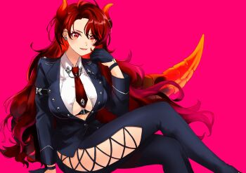 1girl 6_fc5 arm_strap arm_support barbell_piercing belt black_belt black_gloves black_jacket black_pants blush breasts buttons clothing_cutout collared_shirt commentary_request cross-laced_pants crossed_legs curtained_hair dola_(8th_costume)_(nijisanji) dola_(nijisanji) dragon_girl dragon_horns dragon_tail ear_piercing earrings fang feet_out_of_frame gloves half_gloves hand_up high_belt highres horn_ornament horns industrial_piercing jacket jewelry lapel_pin lapels large_breasts long_hair long_sleeves looking_at_viewer necktie nijisanji notched_lapels open_mouth orange_tail pants piercing pink_background red_eyes red_hair red_horns red_necktie shirt side_part silver_earrings simple_background sitting smile solo star_(symbol) star_earrings tail underboob_cutout underbust very_long_hair virtual_youtuber wavy_hair white_shirt wrist_straps