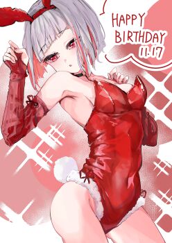 1girl absurdres animal_ear_hairband animal_ears black_choker bob_cut breasts choker colored_inner_hair commentary_request covered_navel cowboy_shot diagonal_bangs elbow_gloves fake_animal_ears fake_tail fingerless_gloves fur-trimmed_leotard fur_trim gloves grey_hair hairband highres inverted_bob jin_(oihlf) leotard link!_like!_love_live! love_live! multicolored_hair o-ring o-ring_choker playboy_bunny rabbit_ear_hairband rabbit_ears rabbit_tail red_eyes red_gloves red_hair red_hairband red_leotard red_streaks santa_leotard small_breasts solo strapless strapless_leotard tail yugiri_tsuzuri