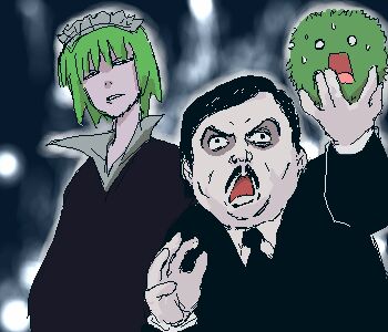 1boy 1girl crossover d: facial_hair green_hair iya_maid lowres maid_headdress marimo mustache o_o oekaki open_mouth pale_skin paul_bearer scared short_hair wwe
