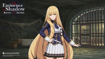 Rule 34 | 1girl, artist request, black thighhighs, blonde hair, blue corset, blue jacket, breasts, bucket, chain, closed mouth, copyright notice, corset, cropped jacket, crunchyroll, drill hair, gold trim, hair over shoulder, hand on own hip, highres, jacket, kage no jitsuryokusha ni naritakute!, kage no jitsuryokusha ni naritakute! master of garden, logo, long hair, midgar academy school uniform, multiple drills, necktie, official art, pleated skirt, prison cell, rose oriana, school uniform, short necktie, skirt, smile, solo, thighhighs, torch, white skirt, yellow eyes