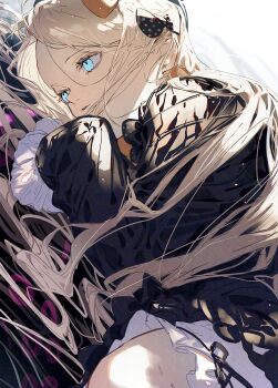 1girl abigail_williams_(fate) abigail_williams_(first_ascension)_(fate) absurdres black_bow black_dress black_hat blonde_hair bloomers blue_eyes bow breasts dress fate/grand_order fate_(series) forehead hair_bow hat highres long_hair long_sleeves lying nasubi_illust on_side orange_bow parted_bangs ribbed_dress sleeves_past_fingers sleeves_past_wrists small_breasts solo underwear white_bloomers