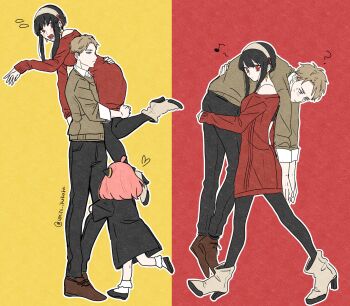 1boy 2girls ? anya_(spy_x_family) black_dress black_hair blue_eyes blush bond_(spy_x_family) brown_footwear child closed_mouth commentary_request dog dress earrings flying_sweatdrops full_body green_sweater hairpods heart high_heels highres horn_ornament horns jewelry lifting_person loafers long_hair long_sleeves multiple_girls off-shoulder_dress off_shoulder open_mouth over_shoulder pink_hair red_background red_eyes shoes sleeves_rolled_up spy_x_family standing sweater sweater_dress twilight_(spy_x_family) twitter_username two-tone_background umini_ikukara undercut yellow_background yor_briar