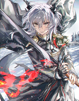 Rule 34 | 1girl, absurdres, aiguillette, arknights, ascot, bandian xin, black ascot, black cape, black gloves, black jacket, cape, chinese commentary, chromatic aberration, commentary, commentary request, cowboy shot, dragon girl, dragon horns, dragon tail, english commentary, epaulettes, fingerless gloves, fire, floating clothes, gloves, grey eyes, grey hair, hair between eyes, hair intakes, highres, holding, holding sword, holding weapon, horns, jacket, long hair, long sleeves, looking at viewer, mixed-language commentary, outdoors, solo, standing, sword, tail, talulah (arknights), weapon, winter