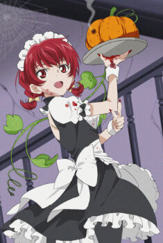 Rule 34 | 1girl, apron, dress, frilled apron, frills, fumiko (mesushi), halloween, iria animi, looking at viewer, maid, maid apron, maid headdress, open mouth, pumpkin, red eyes, red hair, red nails, short hair, silk, smile, solo, spider web, stairs, tales of (series), tales of innocence, tray, very short hair, white apron