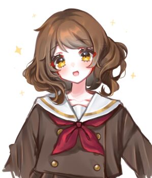 1girl :d arms_at_sides artist_name black_shirt brown_hair commentary english_commentary gift_art hibike!_euphonium highres loltinami long_sleeves looking_at_viewer medium_hair neckerchief open_mouth oumae_kumiko parted_bangs red_neckerchief sailor_collar sailor_shirt school_uniform shirt smile solo upper_body variant_set watermark white_background white_sailor_collar yellow_eyes