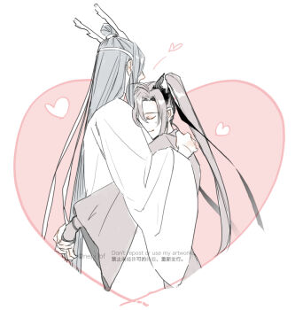 Rule 34 | 2boys, ahoge, animal ears, black hair, black hanfu, blush, brown hair, chinese clothes, closed eyes, closed mouth, commentary request, couple, dragon boy, dragon horns, eastern dragon horns, fox boy, fox ears, hair ribbon, hanfu, headband, heart, heart background, height difference, horns, hug, kemonomimi mode, lan wangji, limited palette, long hair, long sleeves, modao zushi, multiple boys, pale color, ponytail, ribbon, robe, sidelocks, smile, topknot, twitter username, upper body, very long hair, wei wuxian, white background, white hanfu, wide sleeves, ykmr (haga)