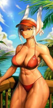 166_172 1girl abs against_railing alternate_costume animal_ears bikini blue_sky boku_no_hero_academia breasts cleavage clothes_writing cloud cloudy_sky collarbone commentary dark-skinned_female dark_skin english_commentary hair_bun highres large_breasts lifeguard long_eyelashes long_hair looking_at_viewer mirko navel outdoors palm_tree parted_bangs parted_lips rabbit_ears rabbit_girl railing red_bikini red_eyes red_visor sidelocks sky smile solo stomach sunlight sweat swimsuit thick_thighs thighs toned toned_female tree water white_cross white_hair wooden_railing