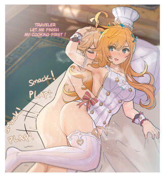 1boy 1girl aether_(genshin_impact) age_difference ahoge apron armpits blonde_hair blue_eyes blush border breasts chef_hat closed_eyes clothed_female_nude_male commentary english_commentary english_text escoffier_(genshin_impact) genshin_impact hat hetero highres large_breasts long_hair lying naked_apron nude on_bed on_side onee-shota open_mouth pillow plap sex sex_from_behind shota shotadom sound_effects sweat thighhighs valenthania white_border white_thighhighs wrist_cuffs