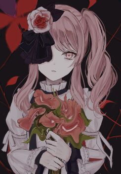 Rule 34 | 1other, akiyama mizuki, ameshi0227, black background, black bow, bow, dress, flower, hair flower, hair ornament, hair ribbon, highres, keikyoku no machi wa doko e (project sekai), long hair, long sleeves, looking at viewer, multicolored flower, official alternate costume, one eye covered, other focus, parted lips, pink eyes, pink flower, pink hair, project sekai, red flower, ribbon, rose, side ponytail, sidelocks, solo, white dress