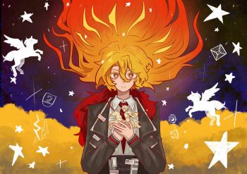 1girl black_suit blonde_hair braid carousel cowboy_shot don_quixote_(project_moon) estrellasol_0 formal_clothes fur_collar fur_trim highres holding jacket jewelry limbus_company long_hair long_sleeves looking_at_viewer necktie project_moon red_necktie shirt smile solo star_(symbol) suit upper_body white_shirt