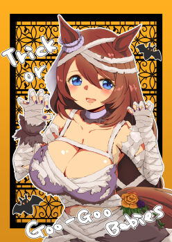 1girl animal_ears bandage_on_hair bandaged_arm bandaged_hand bandaged_head bandaged_torso bandages bandeau bat_(animal) blue_eyes blush breasts brown_hair claw_pose cleavage ear_scrunchie flower hair_between_eyes halloween halloween_costume highres horse_ears horse_girl horse_tail large_breasts long_hair looking_at_viewer mummy_costume official_alternate_costume open_mouth piett purple_bandeau purple_nails smile solo super_creek_(chiffon_ribbon_mummy)_(umamusume) super_creek_(umamusume) tail torn_bandages torn_bandeau umamusume very_long_hair