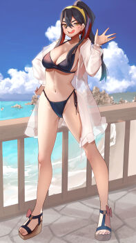 1girl :q bikini black_bikini black_hair breasts carmine_(pokemon) colored_inner_hair crossed_bangs hair_between_eyes hairband highres jacket licking licking_lips long_hair looking_at_viewer mole mole_under_eye momdy_(talesshinja) multicolored_hair nintendo open_mouth pokemon pokemon_sv red_hair see-through_clothes see-through_jacket see-through_sleeves smile swimsuit tongue tongue_out two-tone_hair yellow_eyes yellow_hairband