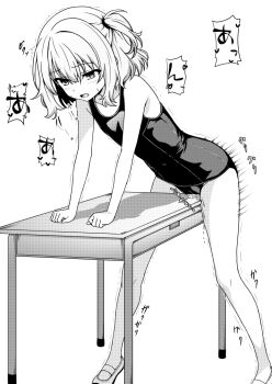 1girl arm_support chikaneki commentary_request crotch_rub desk leaning_forward legs legs_apart loli masturbation moaning old_school_swimsuit one-piece_swimsuit one_side_up open_mouth original pussy_juice school_swimsuit shoes short_hair solo swimsuit table_humping thighs