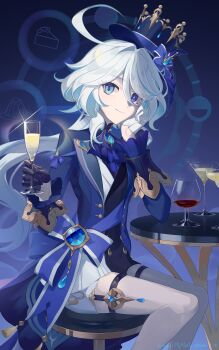 1girl absurdres ahoge blue_eyes blue_hair bow chair closed_mouth cup drinking_glass drop-shaped_pupils furina_(genshin_impact) genshin_impact gloves hand_on_own_face hat highres holding holding_cup long_hair long_sleeves looking_at_viewer multicolored_hair nenggong_zhiren shorts sitting smile solo streaked_hair symbol-shaped_pupils table thighhighs white_hair white_thighhighs wine_glass