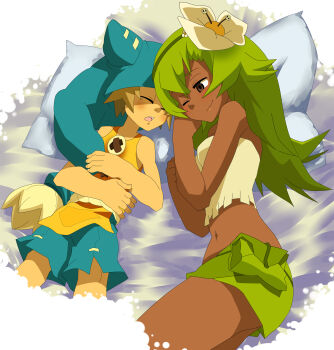 Rule 34 | 1boy, 1girl, absurdres, amalia sheran sharm, ankama, bad id, bad pixiv id, blush, dark-skinned female, dark skin, elatrop, elatrop m, flower, green hair, greeze18, hat, highres, long hair, lying, midriff, plant, sadida, sadida f, sleeping, wakfu, wanaca, yugo (wakfu)