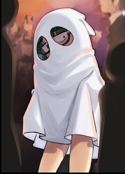 1girl bags_under_eyes bare_legs black-framed_eyewear commentary ghost_costume glasses green_eyes halloween halloween_costume lolicom looking_at_viewer original people semi-rimless_eyewear solo_focus standing symbol-only_commentary thick_eyebrows webp-to-png_conversion