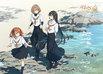 3girls :d beach black_skirt end_card guest_art highres long_hair multiple_girls nakatani_nio neckerchief open_mouth oumi_shiori red_neckerchief rock sailor_collar school_uniform shore short_hair signature skirt smile two_side_up watashi_wo_tabetai_hitodenashi yaotose_hinako yashiro_miko