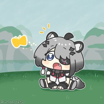 Rule 34 | 1girl, animal ears, arknights, arknights: endfield, artist name, blue eyes, bug, butterfly, chibi, commentary, english commentary, eyepatch, fang, fingerless gloves, gloves, grey hair, highres, insect, open mouth, sitting, solo, tail, tangtang (arknights), tiger ears, tiger girl, tiger tail, twitter username, underdatv