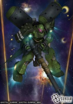 ammunition_box artist_request battle cable cannon copyright_notice debris explosion geara_doga glowing glowing_eye gundam gundam_card_game gundam_unicorn lens_flare logo machinery mecha mecha_focus mobile_suit neo_zeon no_humans official_art one-eyed radar_dish radome realistic robot scene_reference science_fiction shield shoulder_spikes space spikes sunrise_(company) thrusters vernier_thrusters