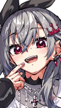 1girl absurdres black_bow bow commentary crown_hair_ornament grey_hair hair_bow hair_ornament highres hololive hololive_dev_is isaki_riona isaki_riona_(1st_costume) long_hair looking_at_viewer open_mouth red_eyes shirt smile solo teeth u_da_desu upper_teeth_only virtual_youtuber white_background white_shirt