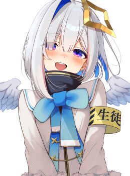 1girl absurdres aiguillette amane_kanata amane_kanata_(1st_costume) angel_wings armband blue_bow blue_bowtie blue_hair bob_cut bow bowtie buket_pudding_i colored_inner_hair commentary_request cropped_jacket detached_wings feathered_wings grey_hair grey_jacket halo highres hololive jacket long_sleeves looking_at_viewer mini_wings multicolored_hair open_mouth pink_streaks purple_eyes sailor_collar short_hair simple_background single_hair_intake sleeve_cuffs smile solo star_halo straight-on streaked_hair tearing_up teeth tilted_halo turtleneck upper_body upper_teeth_only virtual_graduation_commemoration virtual_youtuber white_background white_sailor_collar white_wings wings