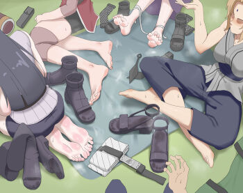 4girls absurdres barefoot black_hair blonde_hair feet haruno_sakura highres hyuuga_hinata light_blush long_hair mature_female multiple_girls naruto_(series) paxa349 sandals shoes soles steam sweat toes tsunade_(naruto) unworn_shoes yamanaka_ino