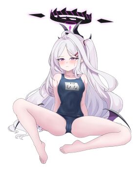 1girl ahoge black_halo blue_archive blush breasts cameltoe demon_girl demon_horns demon_wings halo highres hina_(blue_archive) hina_(swimsuit)_(blue_archive) horns loli long_hair looking_at_viewer low_wings old_school_swimsuit purple_eyes school_swimsuit simple_background sitting small_breasts solo swimsuit user_yuct4558 very_long_hair white_background white_hair wings