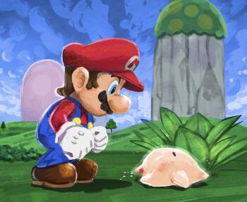 1boy aqua_eyes blue_overalls blue_sky brown_hair brown_shoes bush buttons character_request closed_eyes creature facial_hair full_body gloves gold_buttons hat highres luma_(mario) lying mario mario_(series) mustache nintendo outdoors overalls profile red_hat shadow shoes short_hair sky tree white_gloves yamari_(ya_mari_6363)