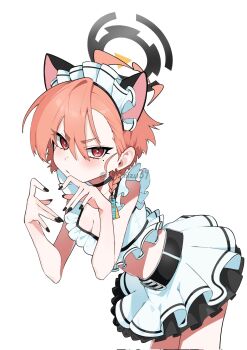 1girl ahoge animal_ear_hairband animal_ears belt black_choker black_nails black_skirt blue_archive blush braid breasts cat_ear_hairband cat_ears choker cleavage crop_top earrings fake_animal_ears frilled_hairband frilled_shirt frilled_skirt frills hair_ornament hair_tie hairband halo heart_hands_failure jewelry jjigong_chigon layered_skirt leaning_forward maid_headdress midriff mole_under_each_eye mole_under_eye multiple_moles neru_(blue_archive) orange_hair red_eyes shirt short_hair side_braid skirt sleeveless sleeveless_shirt slit_pupils small_breasts solo standing twitter_username watermark white_background white_shirt white_skirt