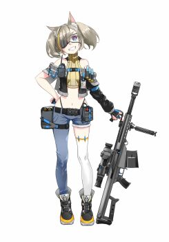 1girl 25x59mm_hv 25x59mm_hv_xm1050_tp airburst_grenade_launcher ammunition animal_ear_fluff animal_ears anti-materiel_cartridge anti-materiel_payload_rifle_(military_program) anti-materiel_rifle anti-materiel_rifle_congressional_program asymmetrical_clothes asymmetrical_legwear asymmetrical_sleeves barrett_firearms_manufacturing barrett_optical_ranging_system barrett_xm109 blue_eyes bullet_drop_compensation_scope cannon_cartridge computerized_scope dark_baao direct-fire_grenade_launcher explosive eyepatch fingerless_gloves g-string gloves grenade grenade_cartridge grenade_launcher gun highres looking_at_viewer magazine_(weapon) military_program multicolored_eyes navel objective_sniper_weapon_(military_program) original practice_round precision-guided_firearm purple_eyes rifle scope semi-automatic_grenade_launcher semi-automatic_rifle sight_(weapon) simple_background slit_pupils smart_scope smile sniper_grenade_launcher sniper_rifle standing telescopic_sight thong two-tone_eyes walkie-talkie weapon whale_tail_(clothing) white_background
