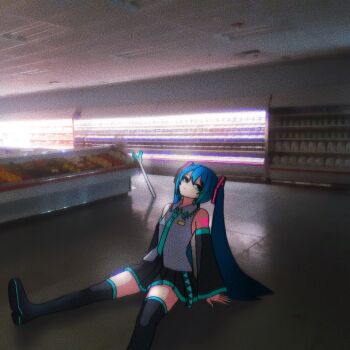 1girl 20xx_0x_x0 bare_shoulders black_hair black_shoes black_skirt black_thighhighs blue_eyes blue_nails blue_necktie collared_shirt commentary dim_lighting full_body grocery_store hands_on_ground hatsune_miku highres long_hair looking_to_the_side mixed_media necktie shelf shirt shoes sitting skirt solo spring_onion thighhighs twintails untranslatable_commentary vocaloid white_shirt