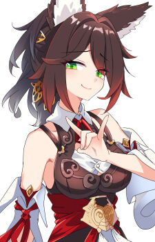Rule 34 | 1girl, animal ears, bare shoulders, breasts, commentary request, detached sleeves, e.o., fox ears, fox girl, fox shadow puppet, green eyes, hand up, highres, honkai: star rail, honkai (series), large breasts, long hair, ponytail, simple background, smile, solo, tingyun (harmony) (honkai: star rail), tingyun (honkai: star rail), upper body, white background