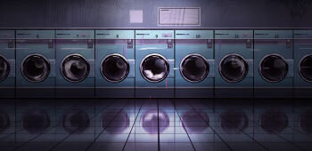 absurdres commentary dark haru_akira highres horror_(theme) indoors laundromat machine no_humans original reflection scenery tile_floor tiles variant_set