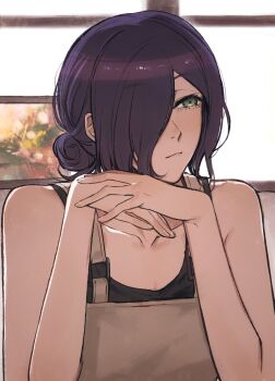 Rule 34 | 1girl, arm support, bare shoulders, chainsaw man, closed mouth, collarbone, commentary, day, dodo (dodobo), english commentary, green eyes, hair bun, hair over one eye, highres, indoors, light blush, looking afar, looking to the side, own hands together, pensive, purple hair, reze (chainsaw man), single hair bun, solo, upper body, window