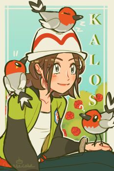 1girl ? absurdres bird black_jacket brown_eyes brown_hair ch-eesecake commentary english_text fedora fletchling flower gen_6_pokemon green_jacket harmony_(pokemon) hat highres jacket multicolored_jacket nintendo open_clothes open_jacket pokemon pokemon_(creature) pokemon_legends:_z-a red_flower red_rose rose shirt signature symbol-only_commentary two-tone_jacket white_hat white_shirt