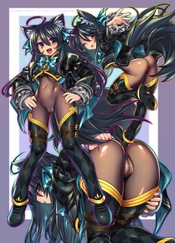 Rule 34 | 1girl, absurdres, ahoge, animal ear fluff, animal ears, argyle clothes, argyle shirt, argyle thighhighs, ass, black bodystocking, black hair, black pantyhose, black shrug, blush, bodystocking, bodysuit, borrowed character, breasts, brown bodystocking, brown bodysuit, cameltoe, checkered thighhighs, chest belt, commentary request, covered navel, detached pants, gradient eyes, hair ribbon, hands on own hips, highres, impossible bodysuit, impossible clothes, long hair, long sleeves, looking at viewer, multicolored eyes, original, pantyhose, presenting, presenting ass, red eyes, ribbon, sasaki shou, see-through bodystocking, shrug (clothing), small breasts, smile, standing, svartlilja (vrchat), tail, vrchat, wolf ears, wolf girl, wolf tail