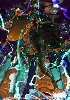 1girl armor cape copyright_notice fate/samurai_remnant fate_(series) fighting_stance floating_armor full_body fur_cape gloves helmet highres holding holding_sword holding_weapon japanese_armor kabuto_(helmet) katana lightning neon_trim official_art promotional_art samurai second-party_source solo sword ushi_gozen_(fate) ushi_gozen_(rider)_(fate) wataru_rei weapon