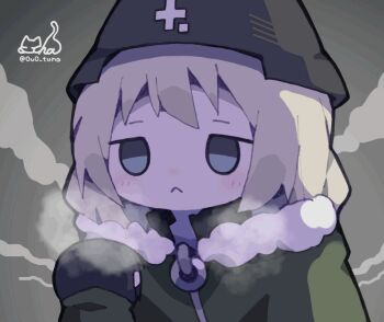 1girl :&lt; backlighting blonde_hair breath brown_jacket chibi closed_mouth fur_trim helmet highres jacket medium_hair nikamoka portrait shoujo_shuumatsu_ryokou solo yuuri_(shoujo_shuumatsu_ryokou)
