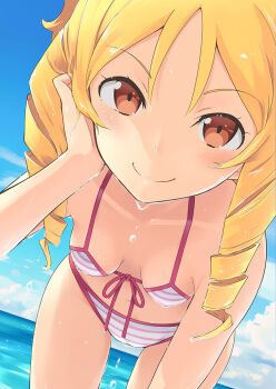 10s 1girl bare_arms bare_shoulders beach bent_over bikini blue_sky blush breasts brown_eyes cloud day drill_hair eromanga_sensei errant female_focus hand_in_own_hair leaning_forward looking_at_viewer navel ocean sky small_breasts smile solo striped_bikini striped_clothes swimsuit twin_drills wet yamada_elf
