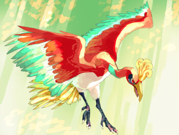 animal_focus beak bird fusenryo gen_2_pokemon ho-oh legendary_pokemon nintendo no_humans open_mouth pokemon pokemon_(creature) pokemon_focus red_eyes solo talons wings