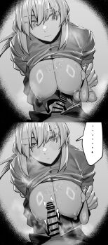 1girl breasts condom fate/grand_order fate_(series) florence_nightingale_(fate) large_breasts monochrome paizuri used_condom