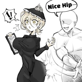 1boy 1girl ass black_dress blonde_hair breasts dress english_text faceless faceless_male hat highres medium_breasts oligogi_meoggosipda skull spanking taut_clothes taut_dress white_background witch witch_hat yellow_eyes