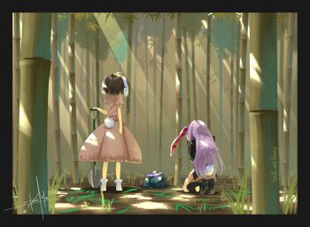 2girls animal_ears bamboo bamboo_forest black_jacket blazer brown_hair day dress forest from_behind highres holding holding_shovel inaba_tewi jacket kneeling long_hair long_sleeves multiple_girls nature on_ground otomeza_ryuseigun pink_dress puffy_short_sleeves puffy_sleeves purple_hair rabbit_ears rabbit_tail reisen_udongein_inaba short_sleeves shovel skirt socks tail touhou twitter_username white_socks