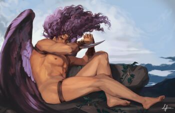 00wormwood 1boy arm_blade bara barefoot battle_tendency blue_sky bracer cloud cloudy_sky commentary day earrings english_commentary feathered_wings floating_hair full_body highres horns interlocked_fingers jewelry jojo_no_kimyou_na_bouken kars_(jojo) long_hair looking_at_viewer male_focus manly muscular muscular_male nipples nude on_ground outdoors own_hands_together pectorals plant purple_hair red_eyes rock sitting sky solo the_fallen_angel_(painting) vines wavy_hair weapon wind wings