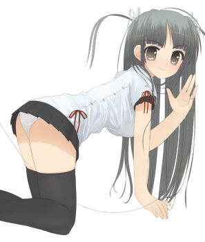 1girl all_fours black_eyes black_hair breasts female_focus hair_ribbon horizontal-striped_panties large_breasts long_hair looking_at_viewer looking_to_the_side matching_hair/eyes mukoujima_tenro original panties pantyshot red_string ribbon solo string string_of_fate tenro thighhighs underwear very_long_hair white_background white_panties